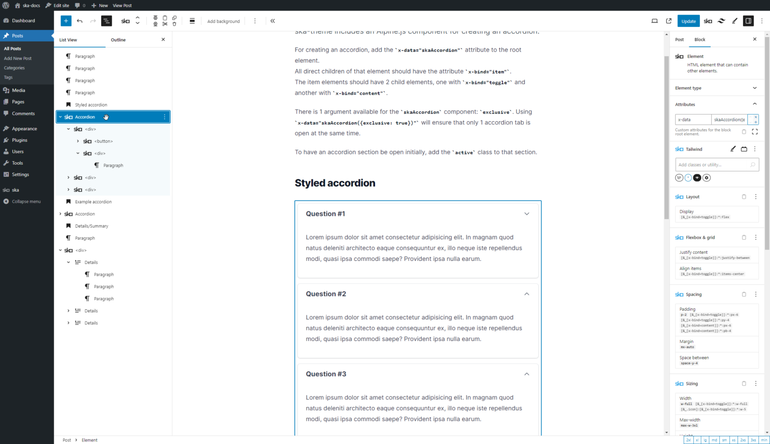 Creating an accordion in the WordPress block editor with ska-blocks blocks