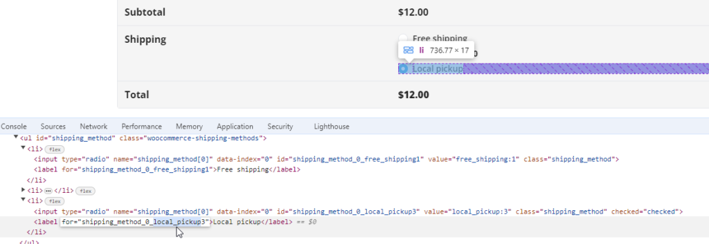 Inspecting shipping methods in checkout form