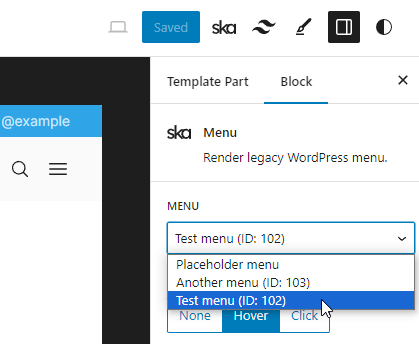 Selecting a classic WordPress navigation menu in the Menu block controls