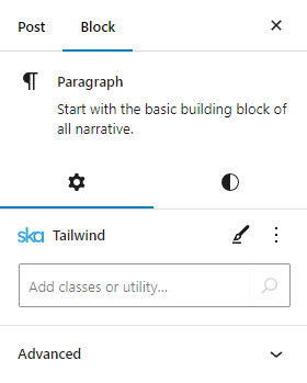 Input for Tailwind CSS classes in the WordPress block editor's Paragraph block