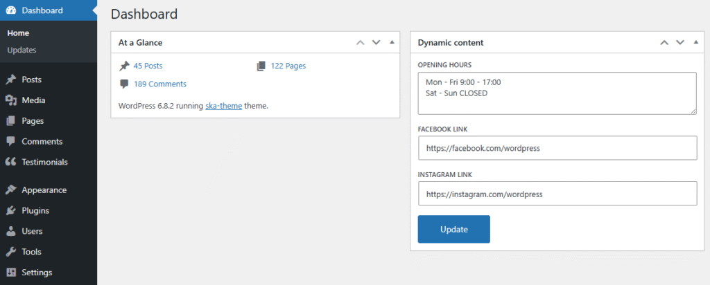Dynamic content widget on the WordPress admin dashboard