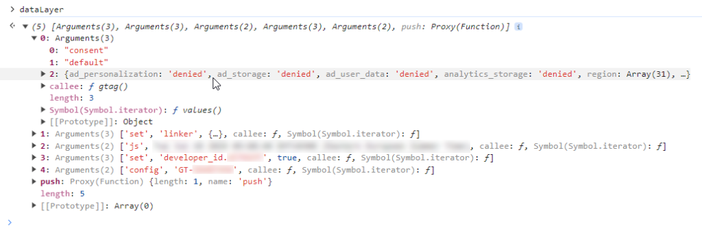 dataLayer array in dev tools