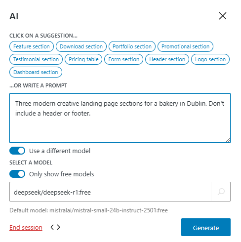 Prompting an AI with ska-blocks plugin using the Tailwind block with the prompt "Three modern creative landing page sections for a bakery in Dublin. Don't include a header or footer."